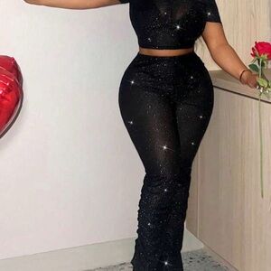 Elegant Black Glitter 2 piece pant set